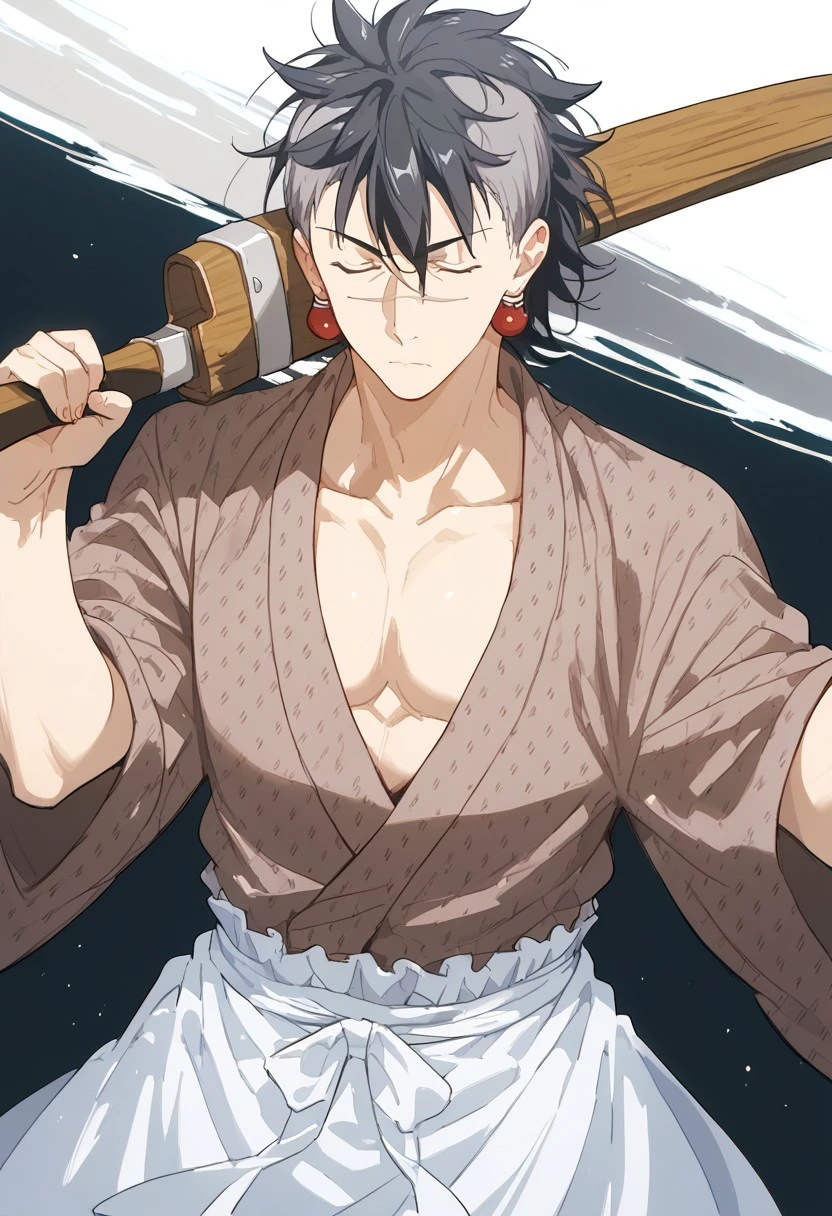 score_9, score_8_up, score_7_up, source_anime, rating_safe, holding weapon, SaitoSNS, red Saito earrings, black-grey Saito hair, Saito scar, 1boy, male focus, closed Saito eyes, brown Saito yukata, brown-grey Saito sword, white Saito waist apron,