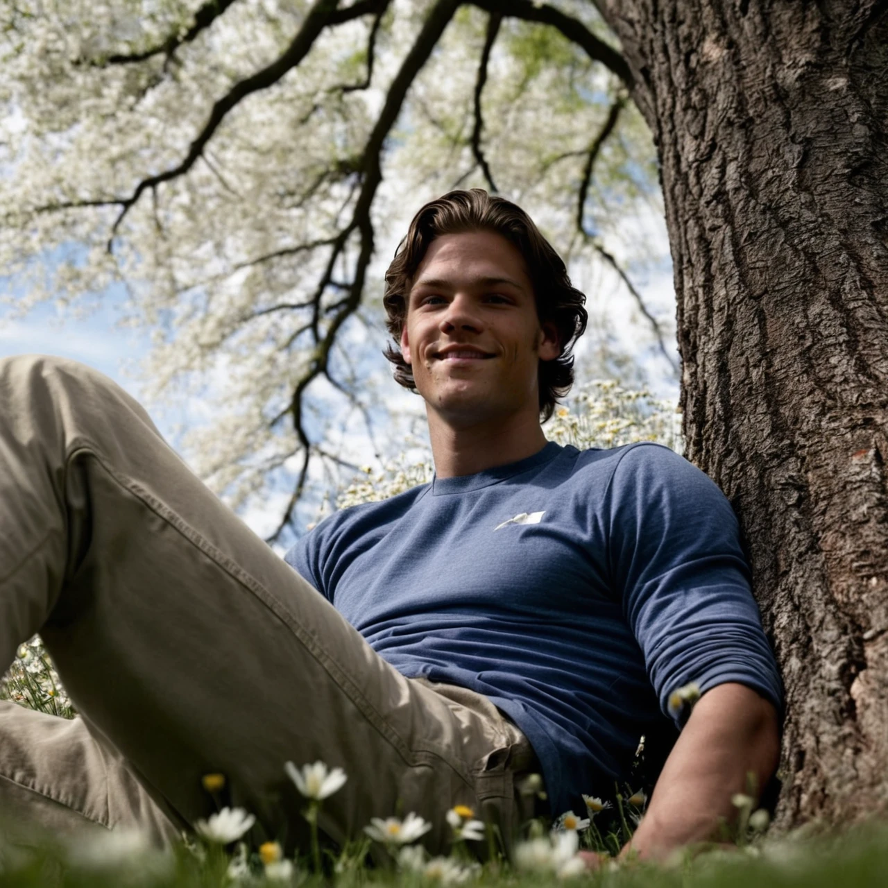 intricate details, ultra sharp, realism, realistic photography, (padalecki, 21 yo caucasian male model, athletic), sitting against the trunk of a tree in a flowery meadow, turning to look at the viewer, smile, closed mouth, from below, low angle