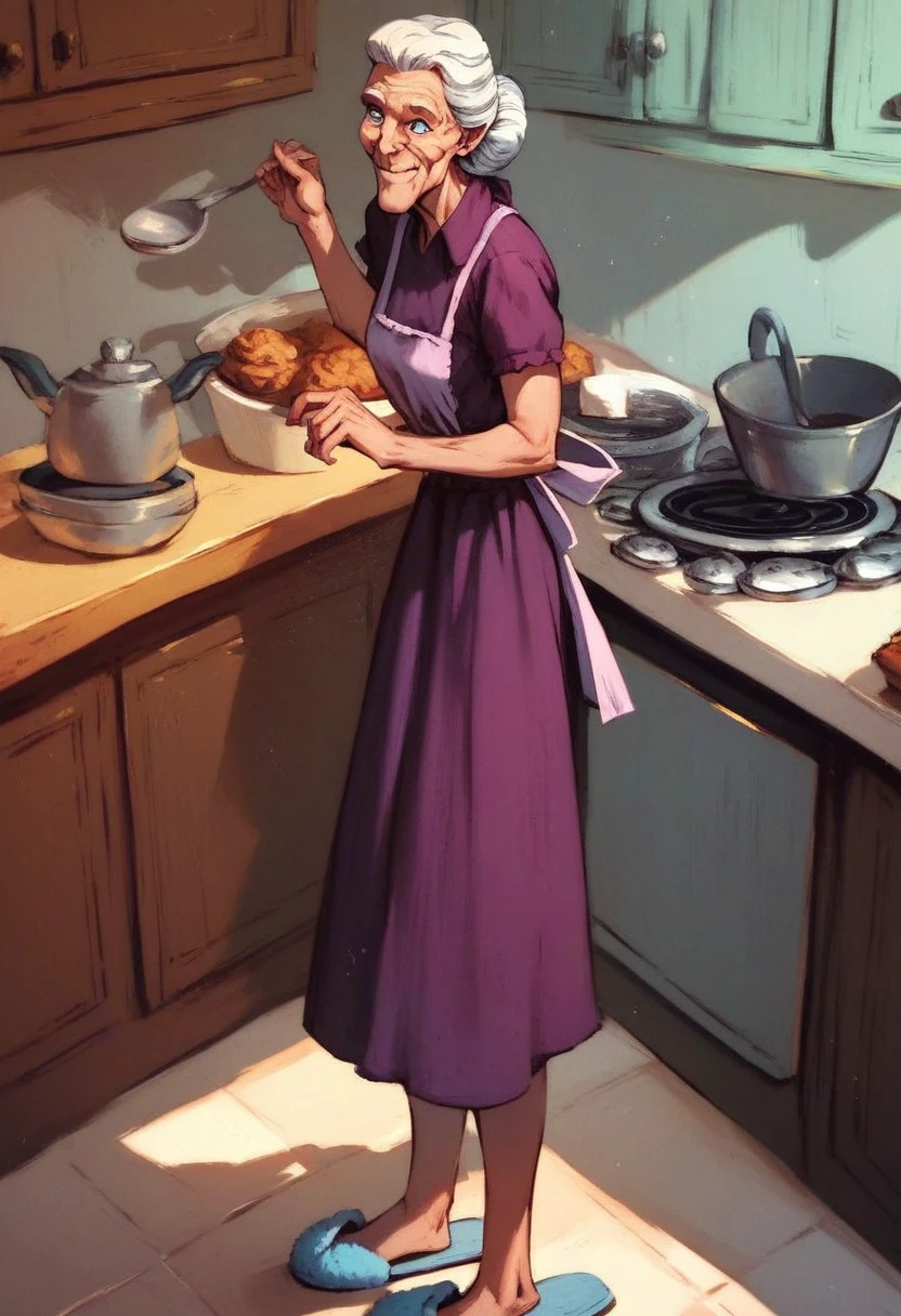 score_9_up, score_8_up, score_7_up, score_6_up, 1girl, solo, Aunt_May, old woman, single hair bun, blue eyes, warm smile, plain purple dress, apron, slippers, standing in a kitchen