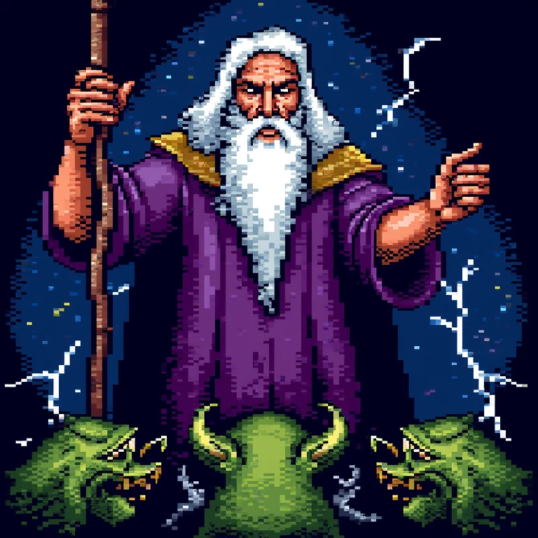 The image is a C64 pixel style illustration of an old man with a long white beard wearing purple robe. He is standing in front of a lightning background with stars scattered around. The man is holding a staff in his right hand and appears to be in the middle of a performance. He has a serious expression on his face. In front of him there are three green monster heads facing him. The overall style of the image is reminiscent of a medieval scene.