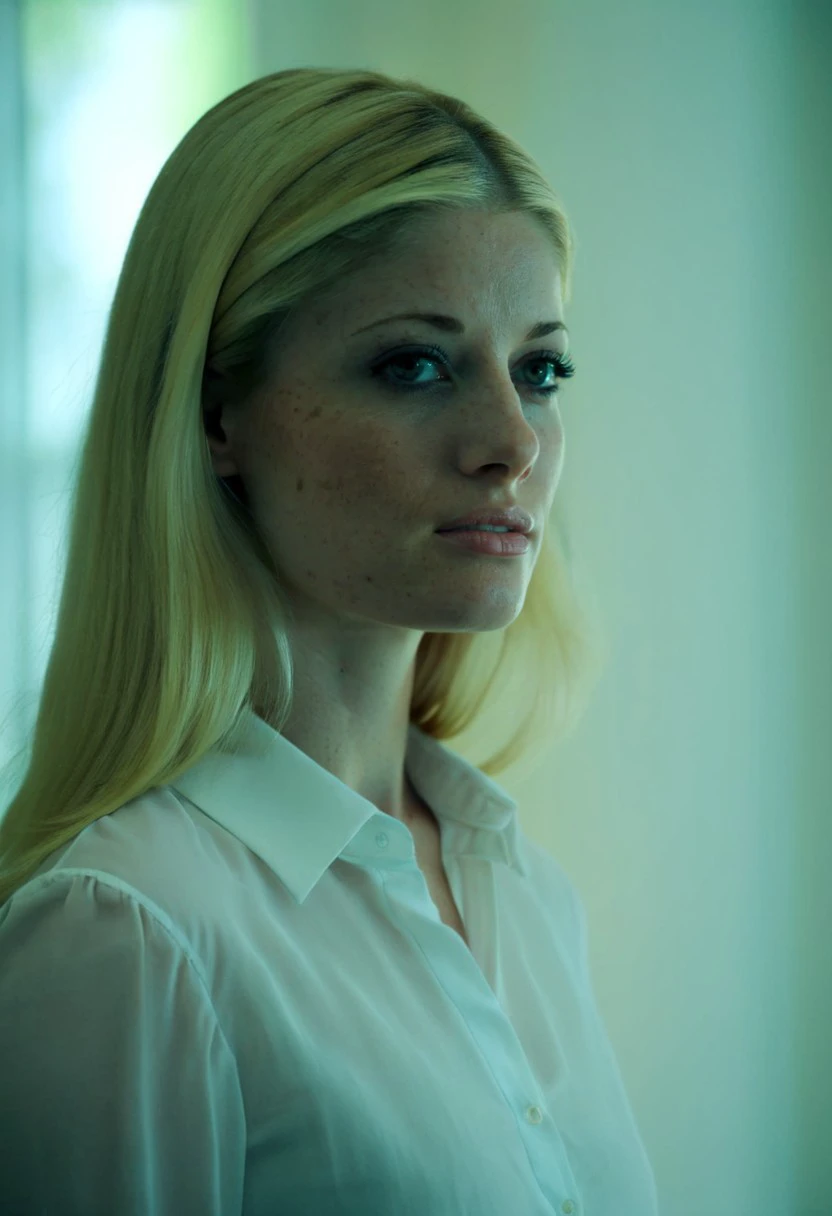 <lora:MoCCharlotteStokely_v1.1:1.5> (MoCCharlotteStokely woman) 
Documentary-style 3/4 upper body portrait in natural lighting, focused on her face and shoulders, wearing a simple white blouse, with a thoughtful, pensive expression.