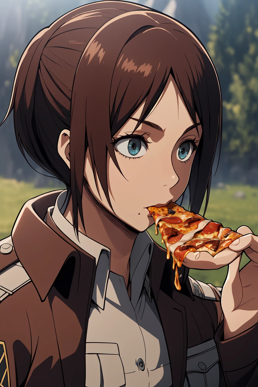 (RAW photo, best quality), 1girl,  natural lighting <lora:aot_sasha_young_v1_2:1> aot_sashaï¼
paradis military uniform, emblem, eating pizza,