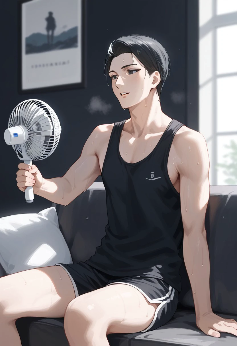 score_9, score_8_up, score_7_up, source_anime, rating_safe, holding electric fan, AzamiSNS, (black-white Azami hair), black Azami eyes, 1boy, male focus, tank top, shorts, summer clothes, sweating, parted lips, looking at another, sitting, blurry indoor living room, couch, solo focus, realistic shading, exhausted