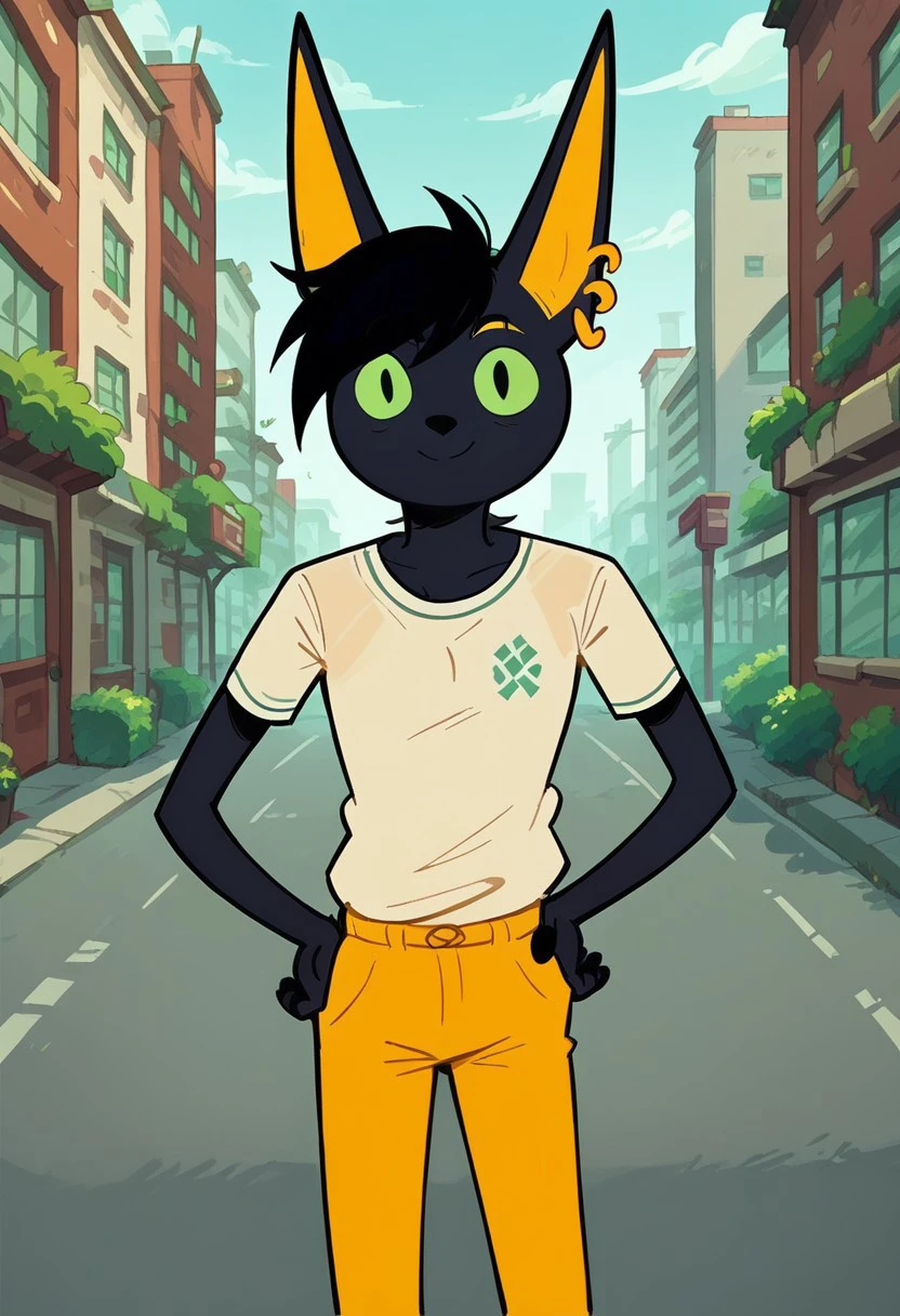 score_9, score_8_up, score_7_up, 
BREAK,
1boy, (Haul Hiliua, furry, male, black body, jackal, canis, canine, earrings, yellow inner ears, gold makeup, green eyes),
BREAK,
solo, (dot eyes), cute, happy, standing, hand on hip, looking at viewer, dynamic pose, expressive face, outdoors, urban, adventure time, vector illustration