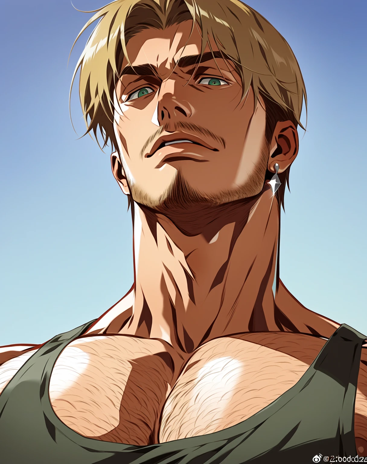 score_9, score_8_up, score_7_up, score_6_up, mike zacharias, facial hair, muscular neck, tank top, nipple slip, huge pectorals, chest hair, pectoral cleavage, earring, looking at you, portrait, close up, best quality, best aesthetic, year 2023, high details, realistic, dizdoodz style, (from below)<lora:EMS-459941-EMS:0.800000>