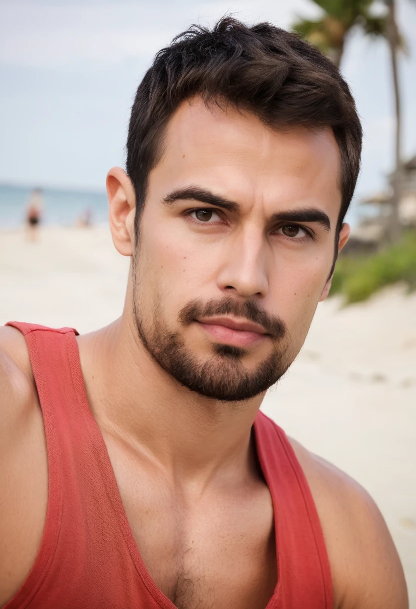 photo of a man,th30, facial hair, wearing a red tank top, at a beach, selfie, looking at viewer, frontview  <lora:Theo_James_2014_SDXL:.9>