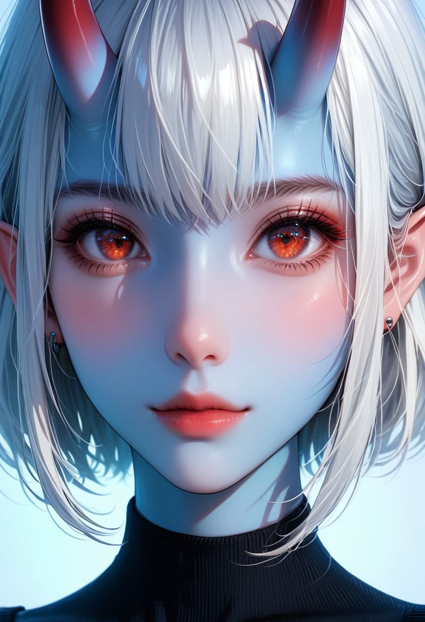 Close-up details, realistic style photo of Soukaku, demon girl, (colored skin), (blue skin:1.5), oni horns, white hair, short hair, red eyes, pointy ears, ear piercing, outstanding style, tall, cute, in her teens, soft lighting to cast gentle shadows on the subject, score_9, score_8_up, score_7_up, K-Eyes