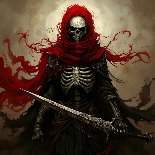 AssassinKahb style a demonic looking skeleton holding a sword with red hair