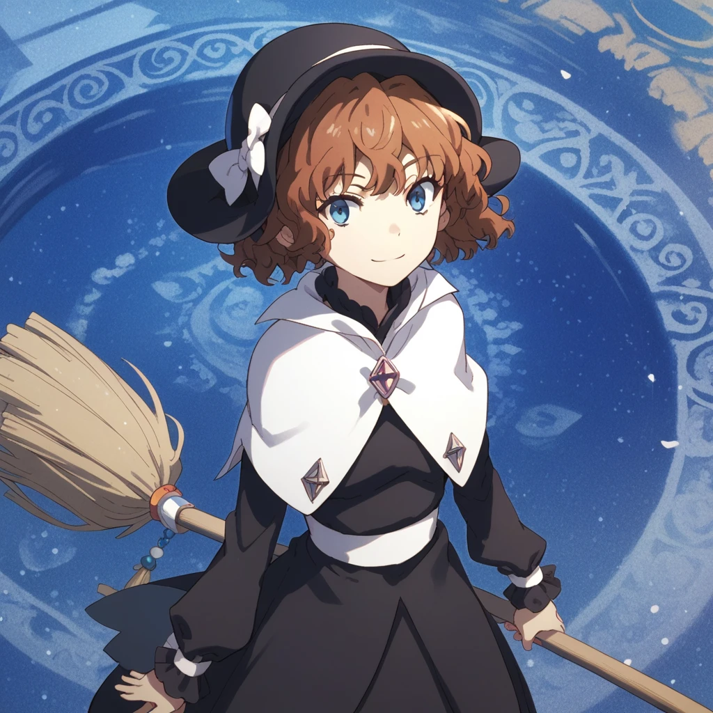 anime coloring, score_9, score_8_up, score_7_up, score_6_up, mallybath blackbell, toaru, 1girl, solo, hat, short hair, blue eyes, broom, brown hair, dress, smile, black headwear, jewelry, black dress, bow, capelet