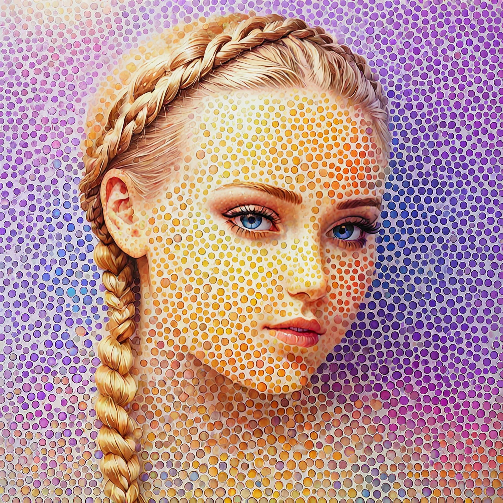 Vivid pointillism. Fine dots.

A beautiful young woman. Blonde. Braided hair.

Rustic. Skin made of dots. 3D.

<lora:Pointillistic01-01_CE_SDXL_96:1.2>