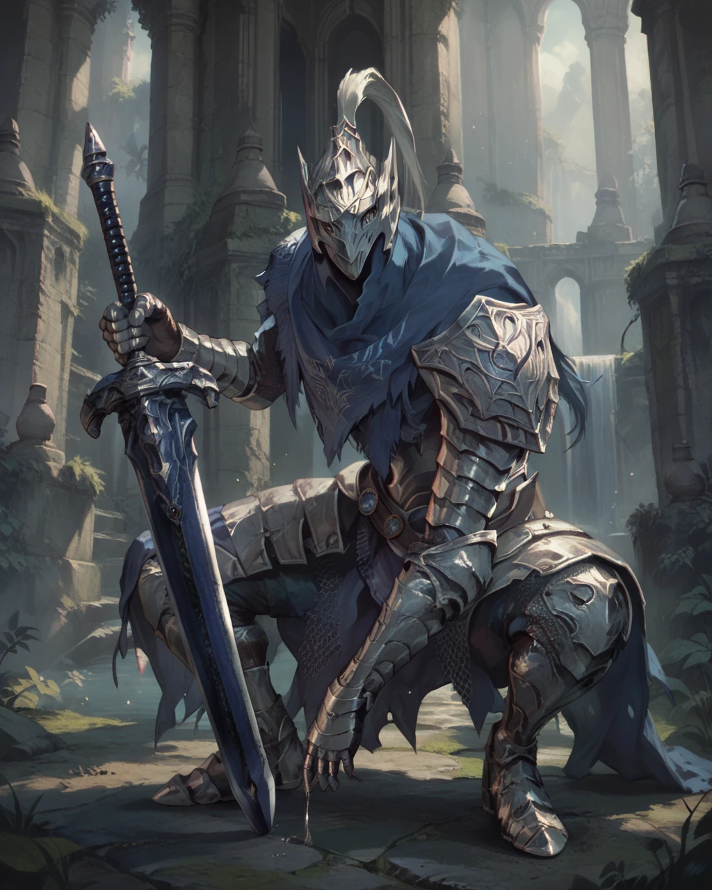 score_9, score_8_up, score_7_up, source_anime, score_6, 1boy, squatting, abyss, armor, artorias,  holding sword, <lora:Artorias:0.8>