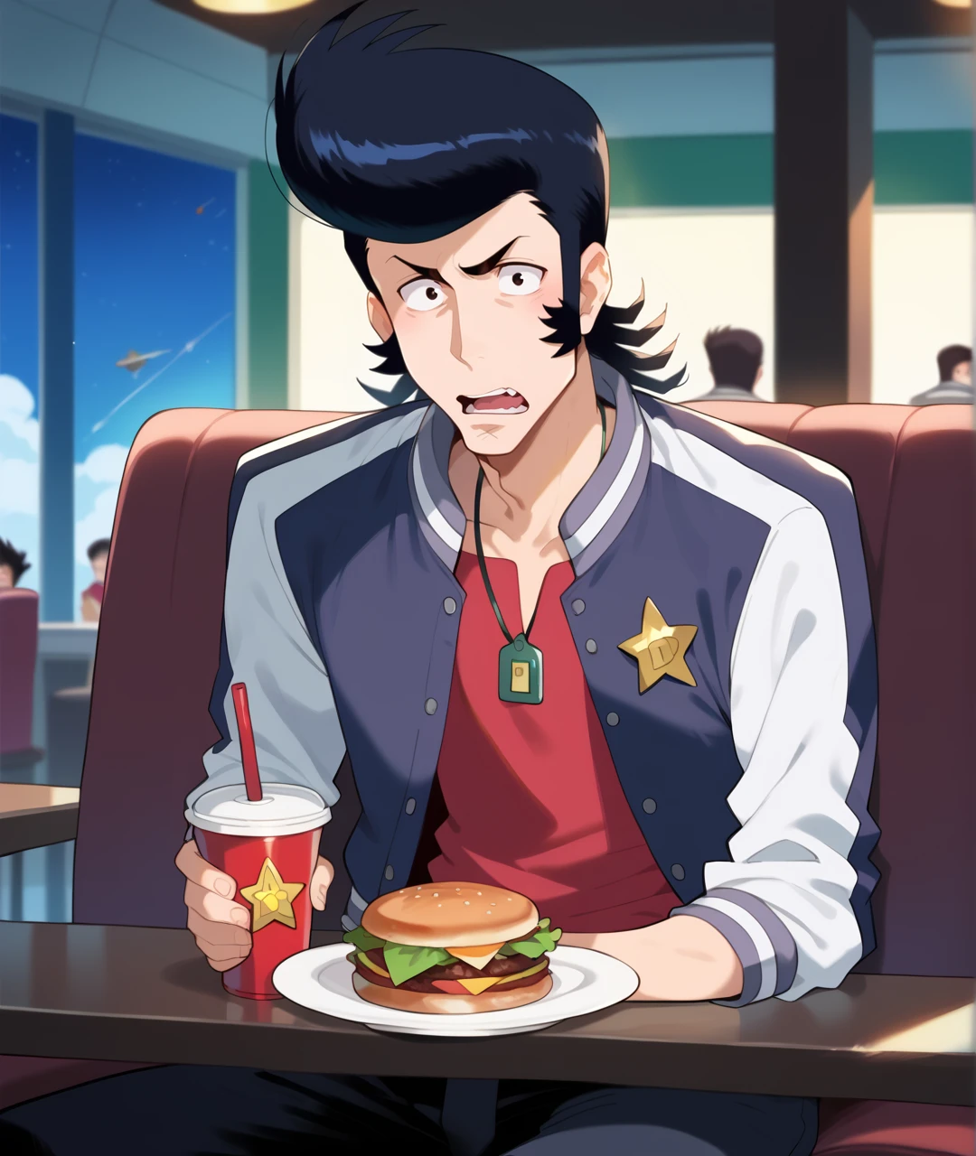 score_9, score_8_up, score_7_up, score_6_up, source_anime, indoors,fast food restaurant, 
BREAK
dandy (space dandy), space dandy,1boy, solo, pompadour, sideburns, black hair, letterman jacket, star (symbol), open jacket, red shirt, necklace, fast food, sitting, looking at viewer, surprised, 
<lora:spacedandy:0.8>