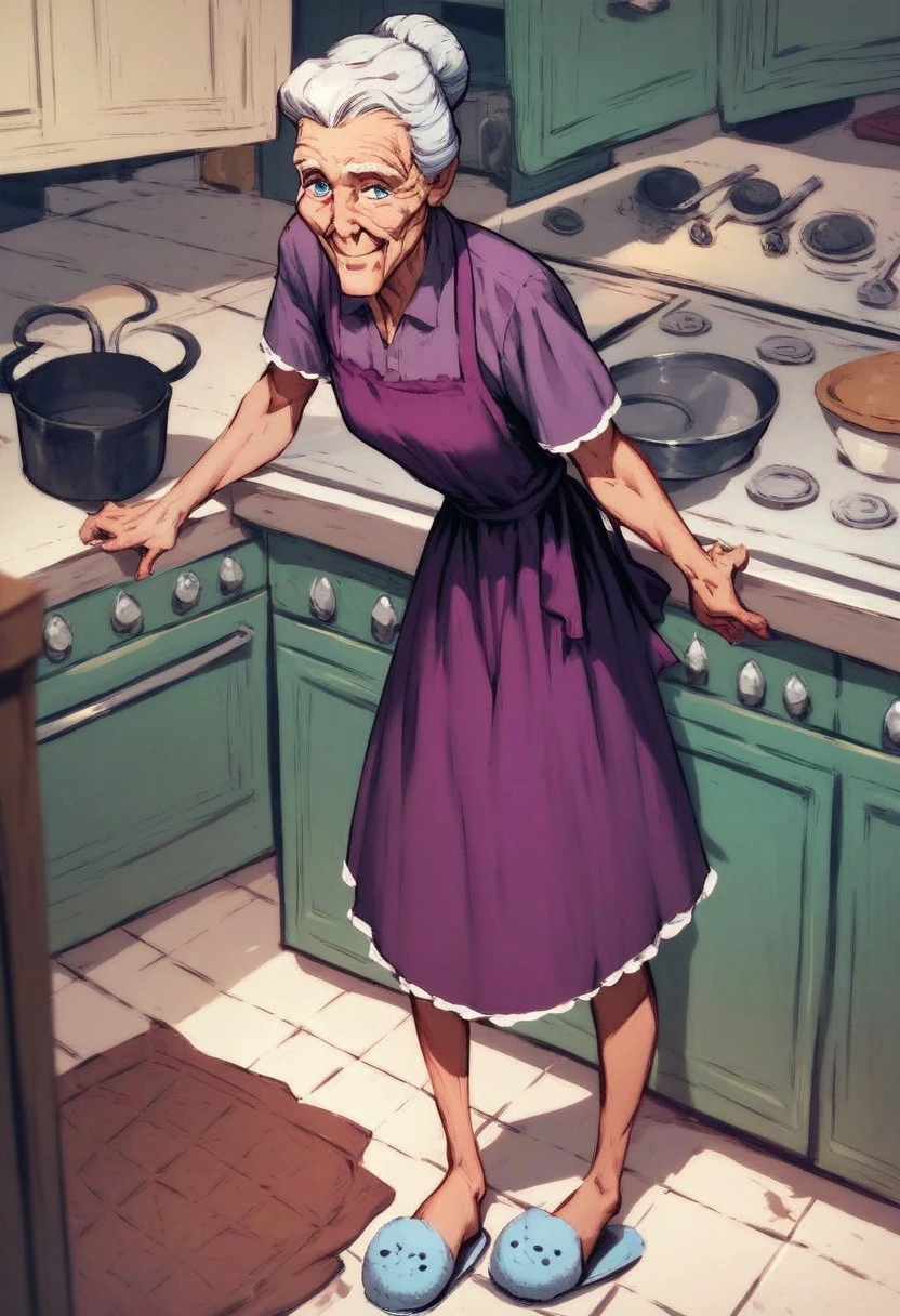 score_9_up, score_8_up, score_7_up, score_6_up, 1girl, solo, Aunt_May, old woman, single hair bun, blue eyes, warm smile, plain purple dress, apron, slippers, standing in a kitchen