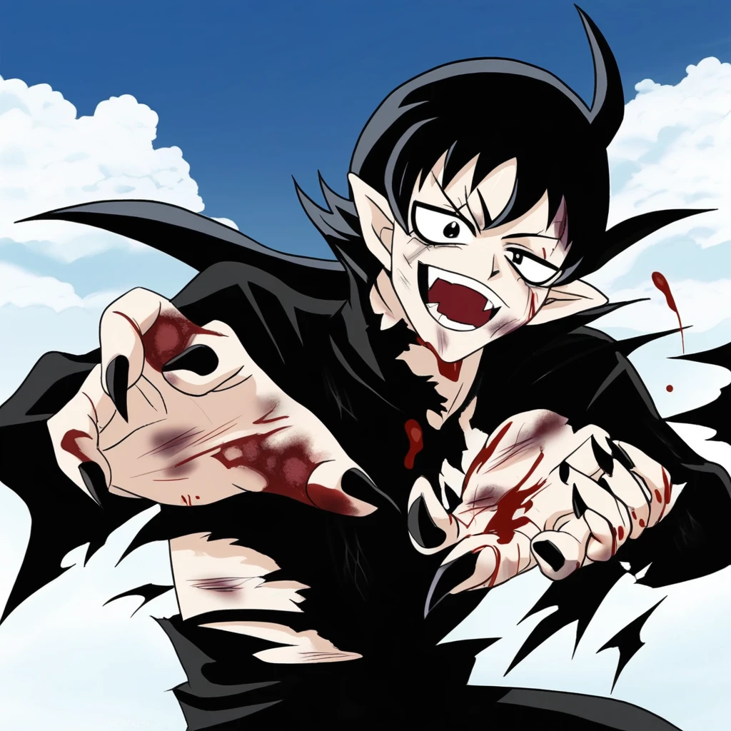 Mairimashita, solo, smile, open mouth, black hair, 1boy, jewelry, male focus, sky, pointy ears, cloud, nail polish, fingernails, torn clothes, blood, fangs, black nails, injury, sharp fingernails