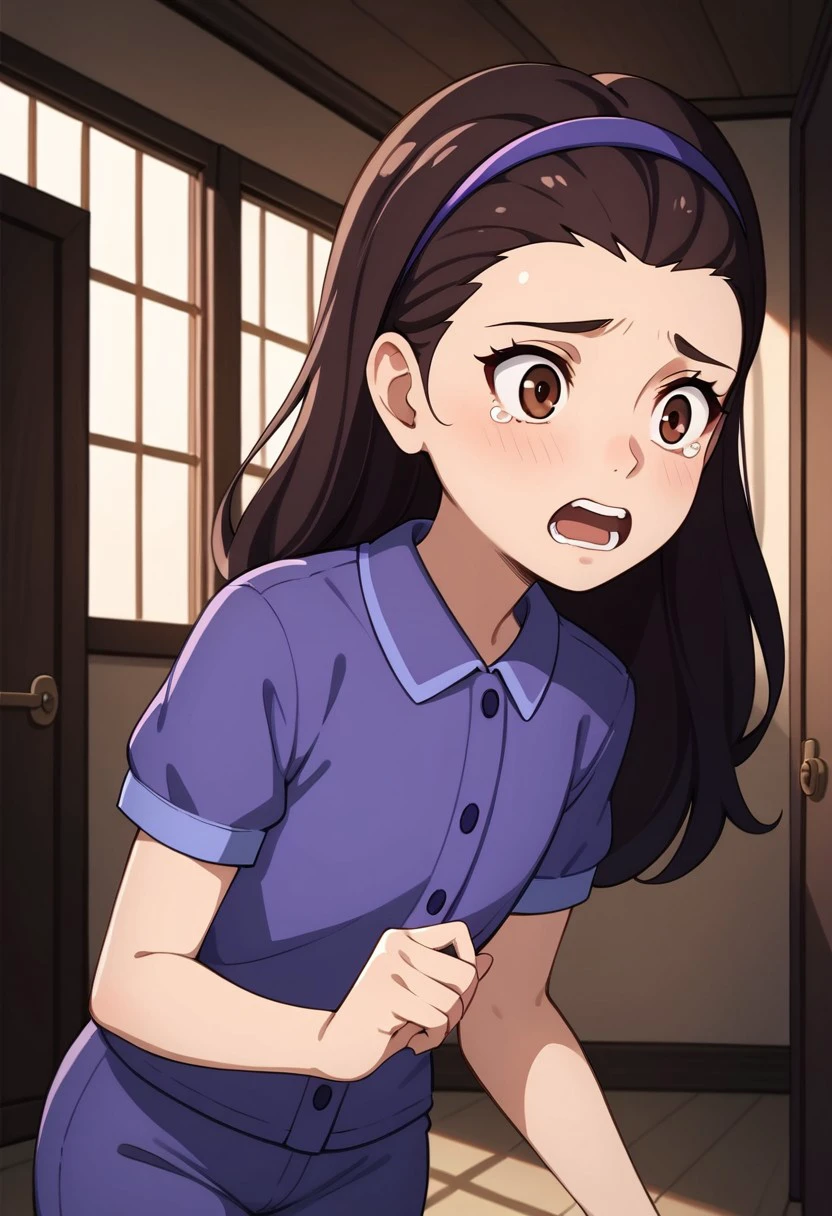 score_9, score_8_up, score_7_up, high quality, highres, MHPHEsther, 1girl, dark brown hair, long hair, brown eyes, purple headband, purple shirt, collared shirt, purple pants, short sleeves, pajamas, solo, indoors, hallway, young, Scared, dark room,