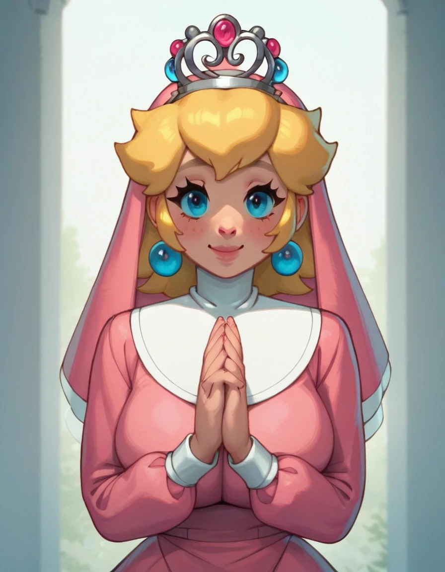 score_9_up, score_8_up, score_7_up, face close-up, young woman, cute face, light smile, half body view,
BREAK
wearing pink nun outfit, little crown  <lora:PrincessPeach_Rizdraws:1>