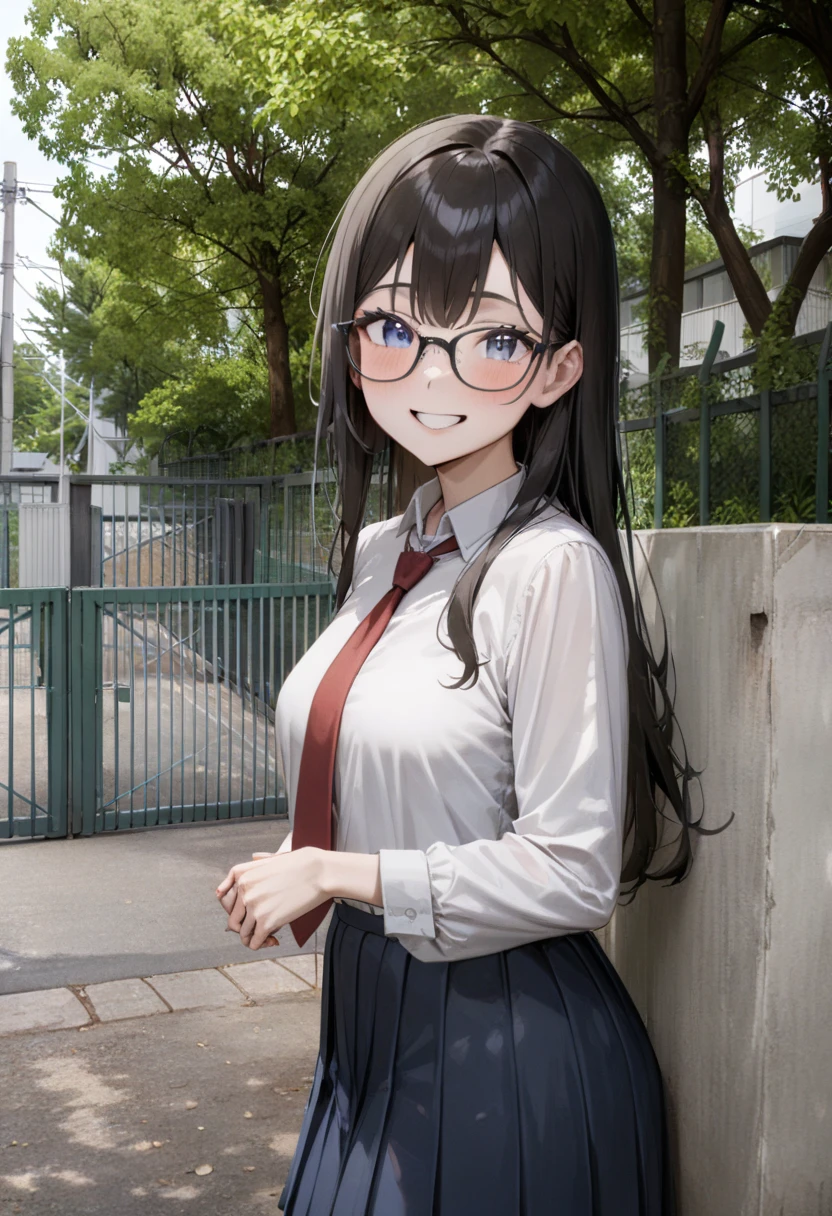 masterpiece, best quality, very aesthetic, absurdres,
1girl, solo, glasses, black hair, long hair, blue eyes, collared shirt, red necktie, pleated skirt, blue skirt, looking at viewer, blush, smile, happy, 
school gate, scenery, tree, outdoors, fence, day, building, power lines, real world location, sky
<lora:schoolgate_SDXL_V1:1>