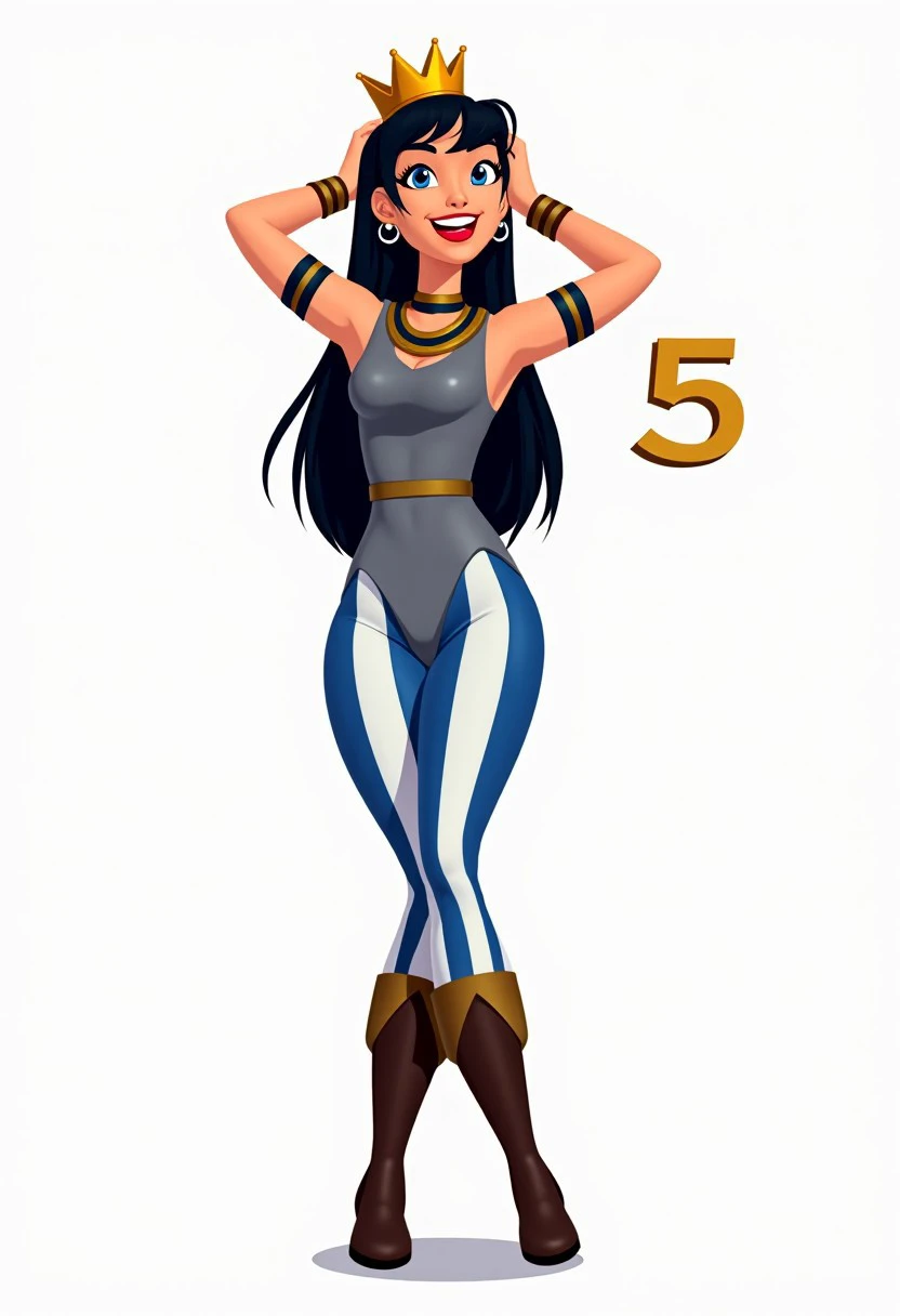 An animated image of a woman in a gray egyptian top and blue and white striped panties. The woman has long black hair and is wearing a crown on her head. She is holding her hands up in the air. The crown is golden with a blue dark band around it. She has bronze bracelets on her wrists. Her boots are brown and black. The background is white. To the right of the woman is a number 5.