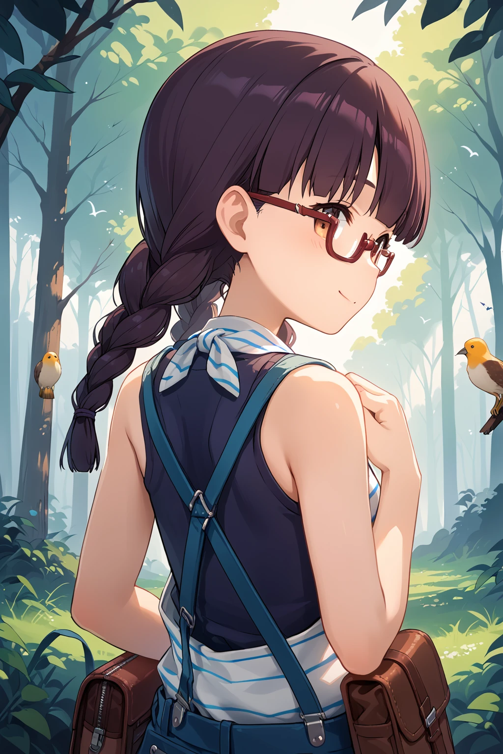 score_9, score_8_up, score_7_up, source_anime, rating_safe, woods, birds, 1girl, smile, <lora:AGA_Eri_Pony:1> eriAGA, eriCas, twin braids, glasses, knot, sleeveless, upper body, from behind