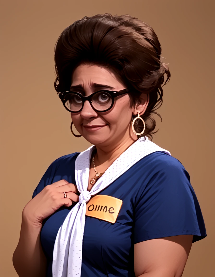 <lora:Connir:0.6> connie_tpir, woman, middle age, brown hair, hair in bun, hoop_earrings, 1960s, black frame glasses, blue polkadot dress, white polkadot neckerchief, nametag on chest, jewelry, necklace, excited, fingers on chest,, source_cartoon, score_9, score_8_up, score_7_up,