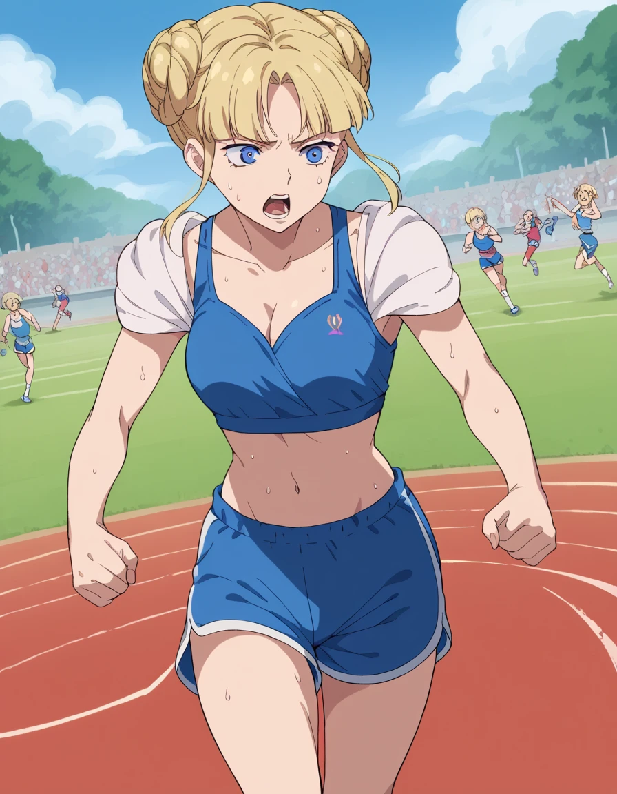 score_9, score_8_up, score_7_up, source_anime, <lora:princess-fione-s1-ponyxl-lora-nochekaiser:1>, princess fione, short hair, blue eyes, blonde hair, braid, hair bun, double bun,, <lora:dolphin-shorts-ponyxl-lora-nochekaiser:1>, dolphin shorts, shorts,, outdoors, running, sweat, open mouth, sports bra, cleavage, navel, midriff, ponytail,, , cowboy shot, dutch angle