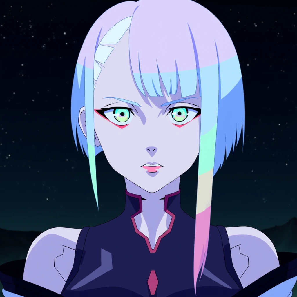 Lucy has a fair complexion with striking green eyes that have a hint of pink. She has long,straight,light blue hair that flows down her back. Her facial expression appears calm and composed,with a slight hint of determination. She is wearing a dark-colored outfit with a high collar,which has a red accent near the neckline. The background of the image is a deep,starry night sky,adding a sense of vastness and mystery to the scene.,1girl,solo,short hair,bangs,bare shoulders,closed mouth,white hair,multicolored hair,sky,bodysuit,makeup,night,star (sky),starry sky,multicolored eyes,space,lucy (cyberpunk)