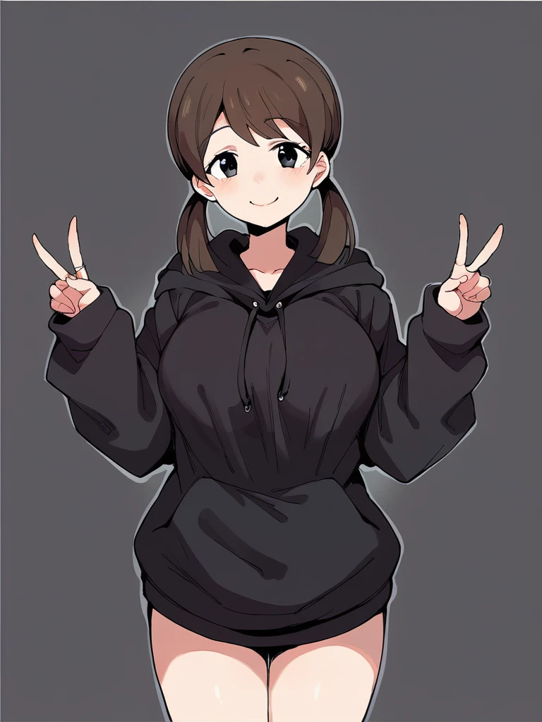 score_9, score_8_up, score_7_up, 
1girl, nao mc, brown hair, low twintails, black eyes, large breasts,

smile, looking at viewer, black hoodie, hoodie dress, bare legs, standing, double v, 
black background,

