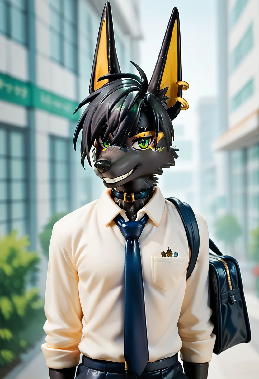 score_9,score_8_up,score_7_up,source_anime,
BREAK,
1boy, (Haul Hiliiua, furry, male, black hair, bangs, black body, jackal, canis, canine, earrings, yellow inner ears, gold makeup, green eyes)
BREAK,
1boy,solo,looking at viewer,silly smile,shirt,skirt, white shirt,necktie,collared shirt,choker,bag,grin,v,black choker,blurry background,blue necktie,school bag,