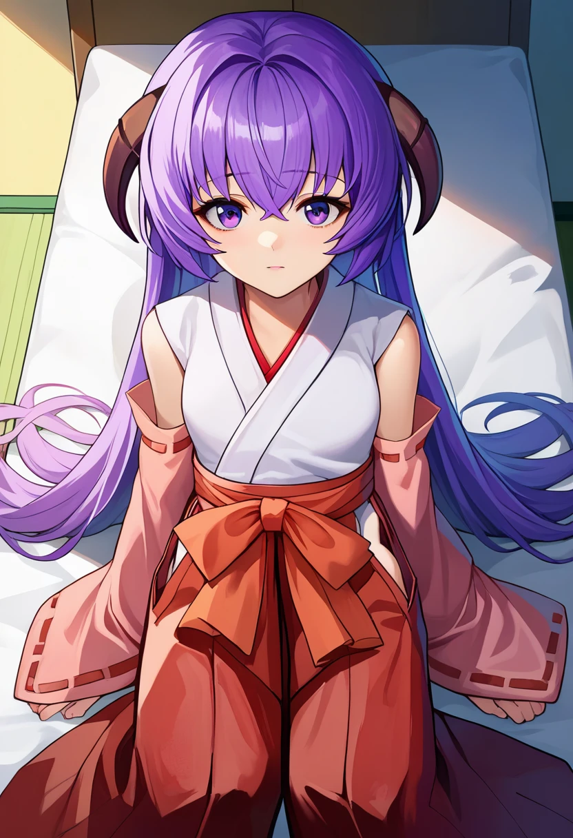 score_9, score_8_up, score_7_up, source_anime,  Hanyuu, 1girl, solo, purple eyes, horns, long hair, purple hair, looking at viewer,japanese clothes, miko, detached sleeves, hakama, hakama skirt, skirt, red hakama, ribbon-trimmed sleeves, sitting on the bed , drone pov, dutch angle, from above, looking at viewer,  <lora:Hanyuupony-000003:1>