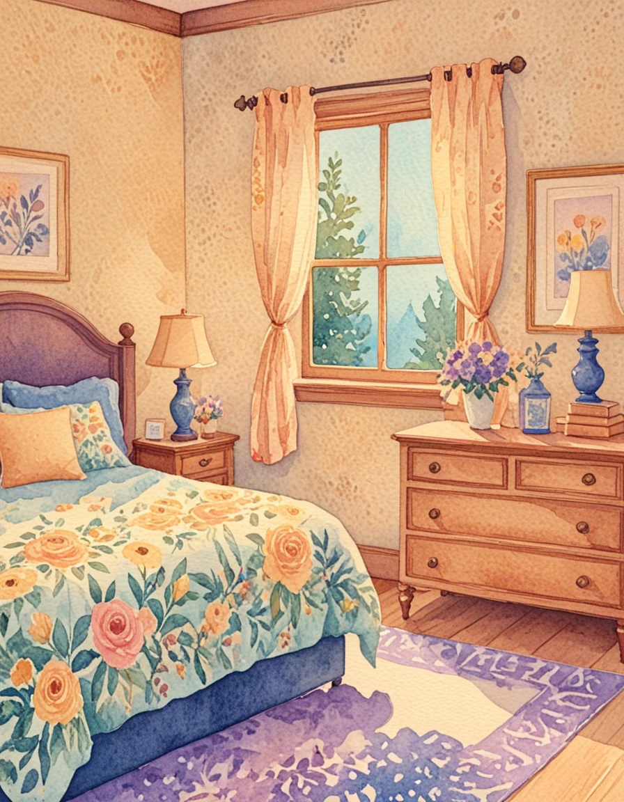 novuschroma75 style watercolor a bedroom  <lora:novuschroma75 style:1>, <lora:sdxl_lightning_8step_lora:1>