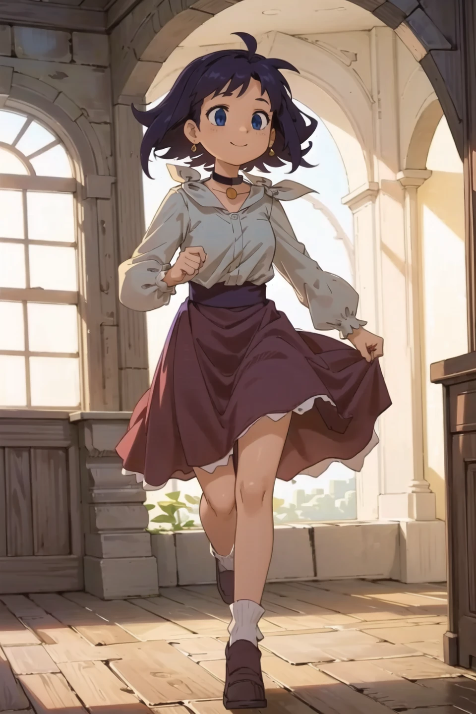 masterpiece, best quality, 1girl, masterpiece, highest quality, high quality, fantasy setting, extremely detailed background, 1girl, clotho, smile, indoors, inside a castle, <lora:clotho:1>, red dress, white shirt, purple hair, blue eyes, choker, running, detailed eyes