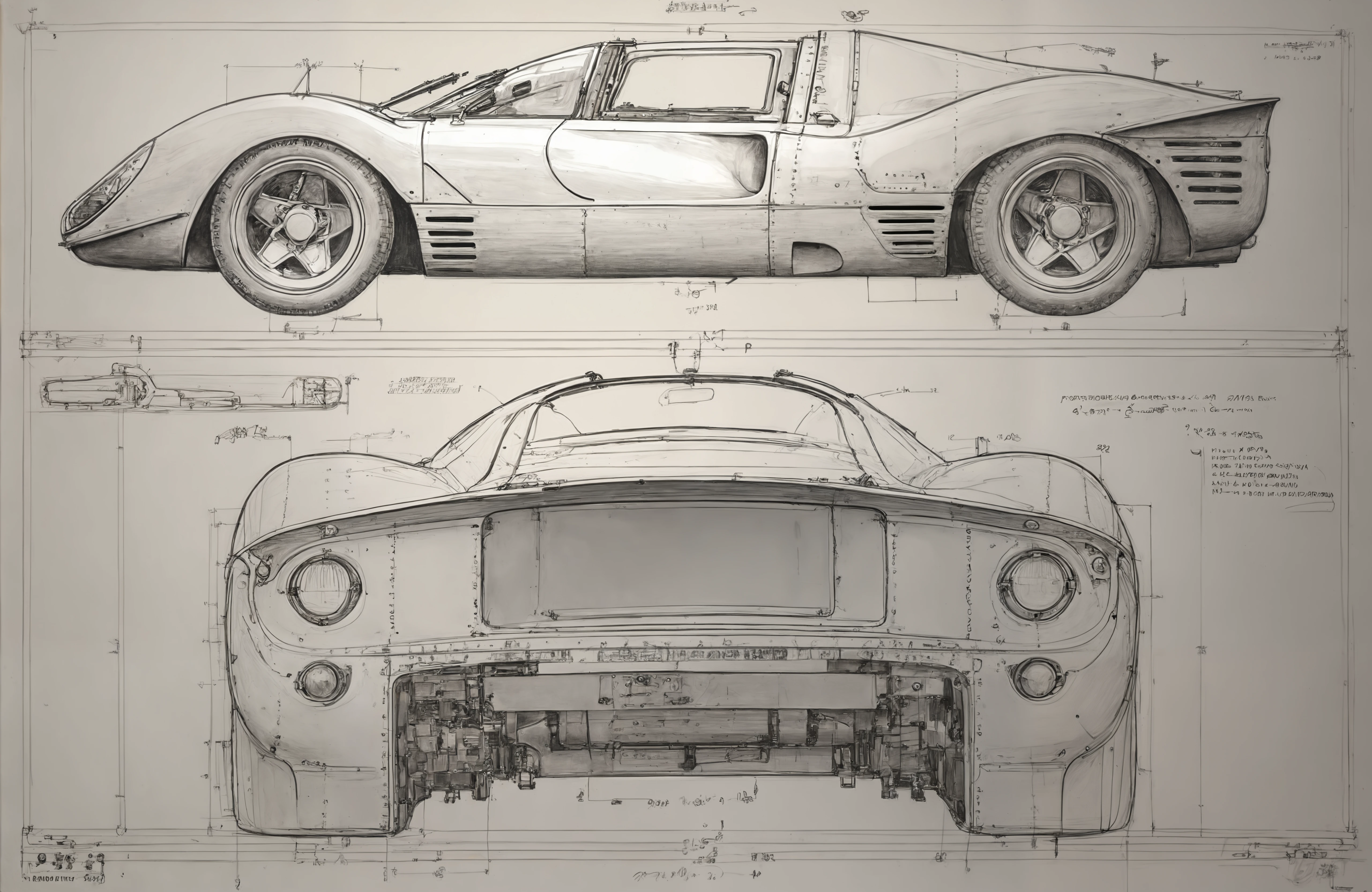 a technical line drawing by Leonardo da Vinci of a 4re33op4, three view, side view, rear view, front view, top view, close-up, (berlinetta) and spyder, assembly arrows and notes and dimensions, border, title block, 