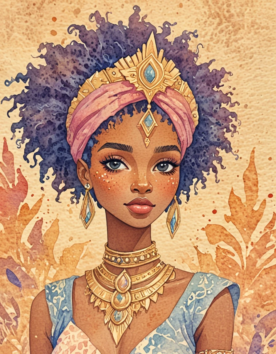 novuschroma75 style watercolor african hydropunk princess  <lora:novuschroma75 style:1>, <lora:sdxl_lightning_8step_lora:1>