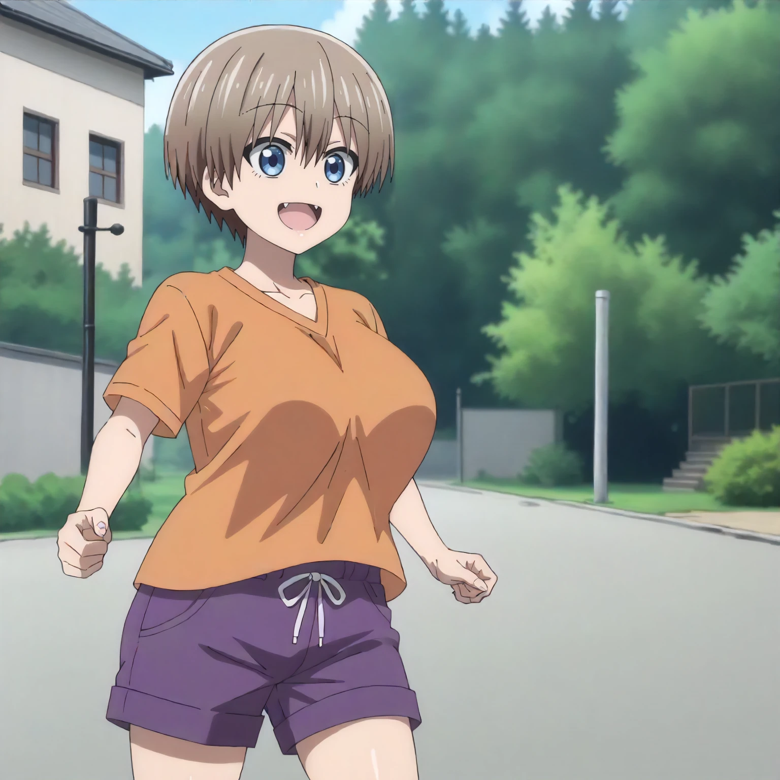 best quality, masterpiece, meme, parody, mtstyle, 1girl, 25 years old, mature, solo, (topless:1.3), (nipples:1.3), (hotpants:1.2), (Sweaty:1.4), sagging breasts, basketball court, outdoor, sunny day, (Thick body:0.8),
