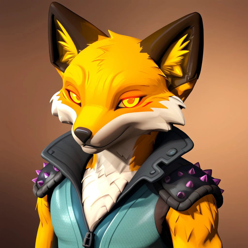 furry, solo anthro, male, smile, bust portrait, looking at viewer, Fennix,  fox,  orange fur, yellow eyes, glowing eyes, clothed