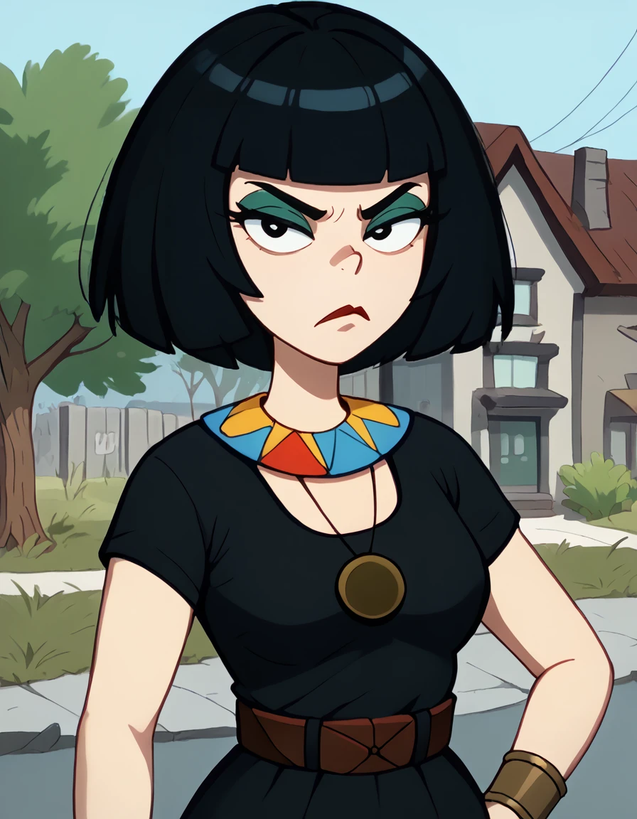 <lora:Ms_Mushburgur:1>1girl, pale, artsy, makeup, black bob-cut hair, blunt bangs, colorful necklace with red blue yellow triangles, brown round pendant, black dress, brown and green belt, gold  and brown bracelet, bracelet, upper body, scowling at viewer, frown,, source_cartoon, score_9, score_8_up, score_7_up,