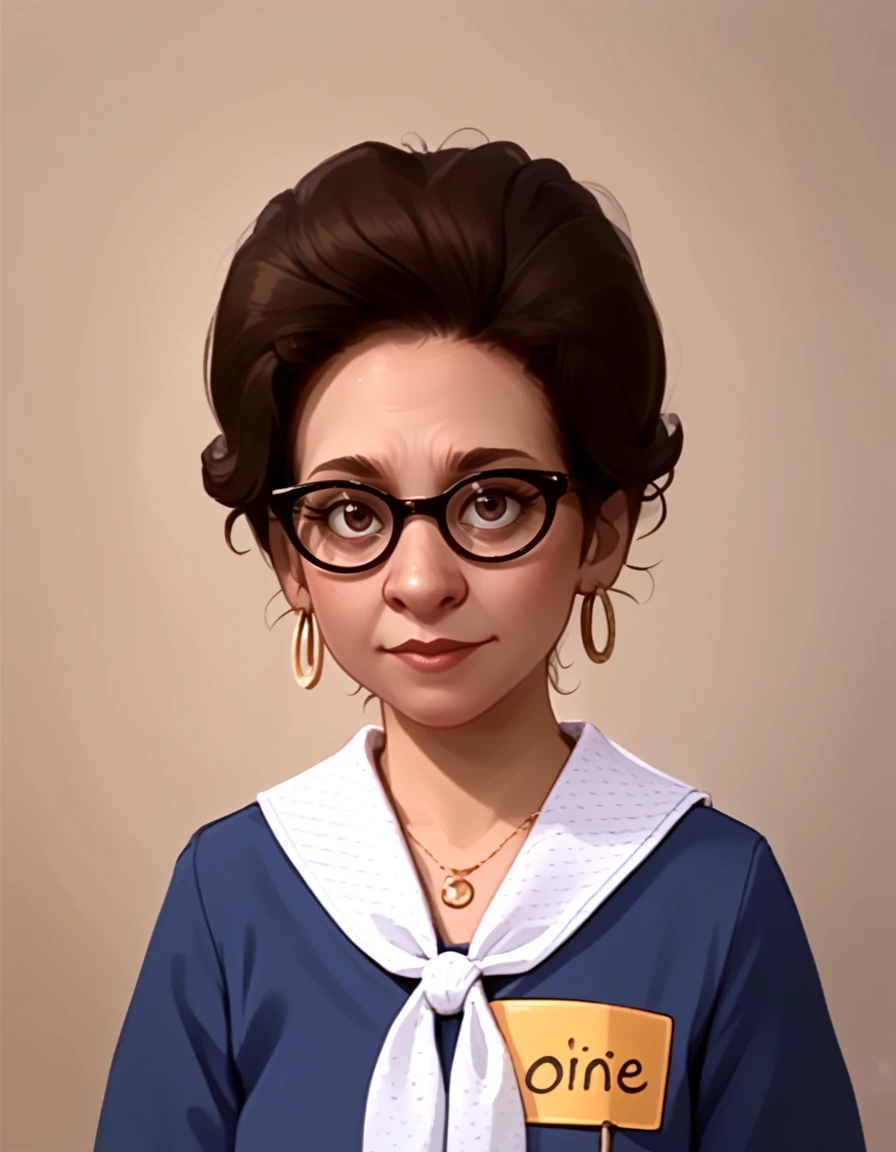 <lora:Connir:0.55> connie_tpir, woman, middle age, brown hair, hair in bun, hoop_earrings, 1960s, black frame glasses, blue polkadot dress, white polkadot neckerchief, nametag on chest, jewelry, necklace, upper body,, source_cartoon, score_9, score_8_up, score_7_up,