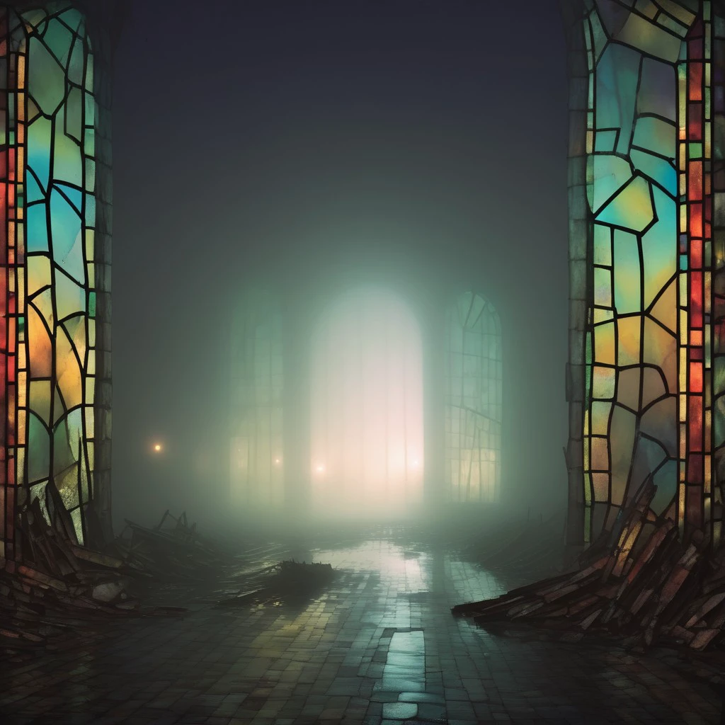 ruins, metal, stained glass, fog, lights