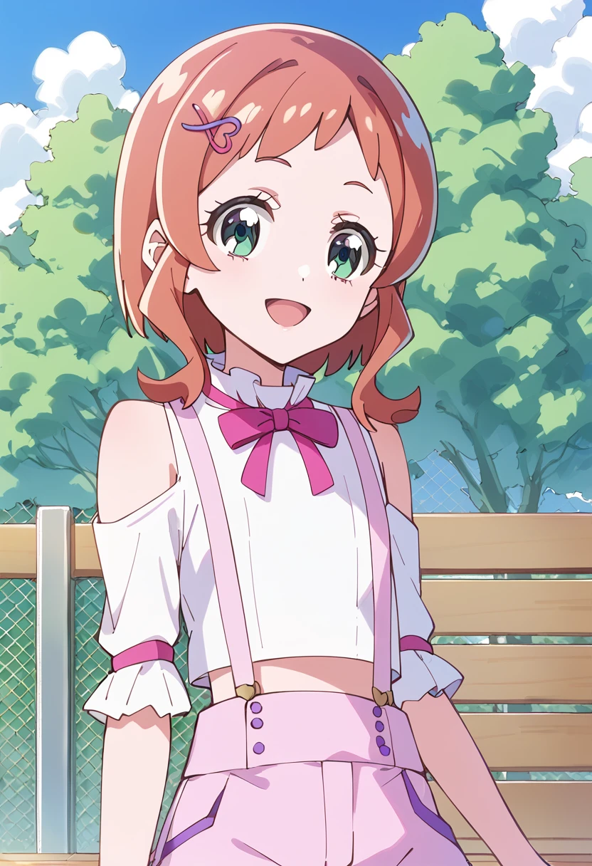 score_9, score_8_up, score_7_up, source_anime, BREAK
inukai iroha, 1girl, green eyes, aqua eyes, solo, open mouth, smile, hairclip, short hair, shoulder cutout, clothing cutout, outdoors, tree, day, :d, heart hair ornament, upper body, blue sky, orange hair, white shirt, pink hair, fence, neck ribbon, eyelashes, medium hair, brown hair, pink ribbon, bare shoulders, pink neckwear, cloud, facing viewer, happy, bangs, arm cutout, suspender shorts, pink shorts, high-waist shorts, red hair, hairpin, wooden fence, bench, sidelocks, shiny hair, pink bow, collared shirt, midriff, flat chest, cloudy sky, short bangs, ldetached sleeves, short sleeves, purple ribbon, pink bowtie
<lora:cure_friendy_inukai_iroha_sdxl_locon_pony_v1:0.7>