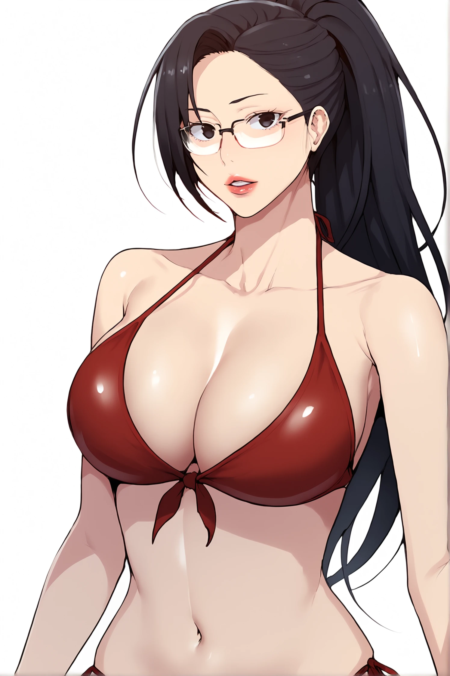 sexy pose, cleavage, white shirt, red bikini, black skirt, office room background, momiji, anime cels style, best quality, high resolution, 1girl, (huge breasts:1.2), mature woman, 27 yo, beautiful face, black hair, long hair, brown eyes, cowboy shot, light smile, blushing, lipstick