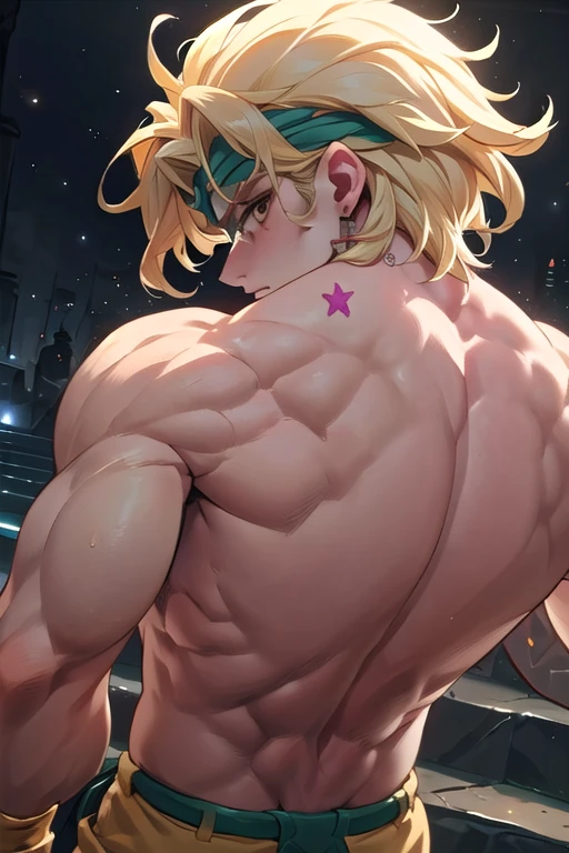 (((close-up))), looking at viewer, dio_brando's_pose_(jojo), birthmark (joestar), ear birthmark, black background, stairs, dark, night, indoors, vampire, off shoulder, blonde hair, headband, green belt, yellow pants, partially shaded face, (((topless male, mature male, muscular male, narrow waist))),  <lora:dioandhisstarbirthmark:0.8>