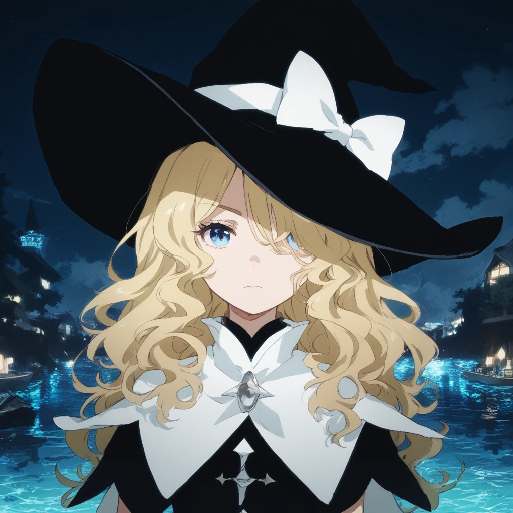 score_9, score_8_up, score_7_up, score_6_up, marie-spearhead, toaru, 1girl, hat, blonde hair, solo, witch hat, blue eyes, long hair, hat bow, bow, looking at viewer, hair over one eye, capelet, closed mouth, anime coloring, white bow, upper body, sky, water, night