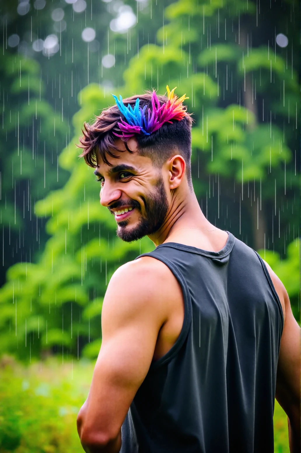 HD high professional quality photo of Loïc Barcourt
looking back with a happy face, a far away shot, (standing:1.2) in a evergreen forest, tank top shirt, rainbow-colored rain falls in him and all around forming a majestic realistic droplets scene with nature and trees, natural lighting
<lora:Rythmind_Loïc Barcourt_Flux_v1_0005:1>, RAW candid cinema, 16mm, color graded portrait 400 film, remarkable color, ultra realistic, textured skin, remarkable detailed pupils, realistic dull skin noise, visible skin detail, skin fuzz, dry skin, shot with cinematic camera