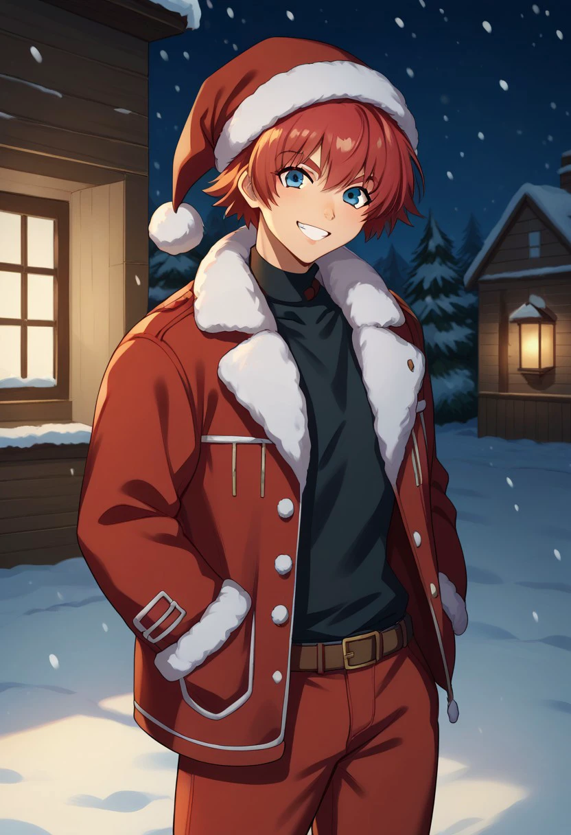 score_9, score_8_up, score_7_up, source_anime, highly detailed, 
reidhershel, male focus, santa hat, solo, 1boy, red hair, hat, smile, red pants, jacket, hands in pockets, pants, shirt, blue eyes, looking at viewer, fur trim, red jacket, belt, christmas, santa costume,
grin, short hair, fur-trimmed jacket, red headwear, bangs, black shirt,
standing, upper body,
outdoor, snow