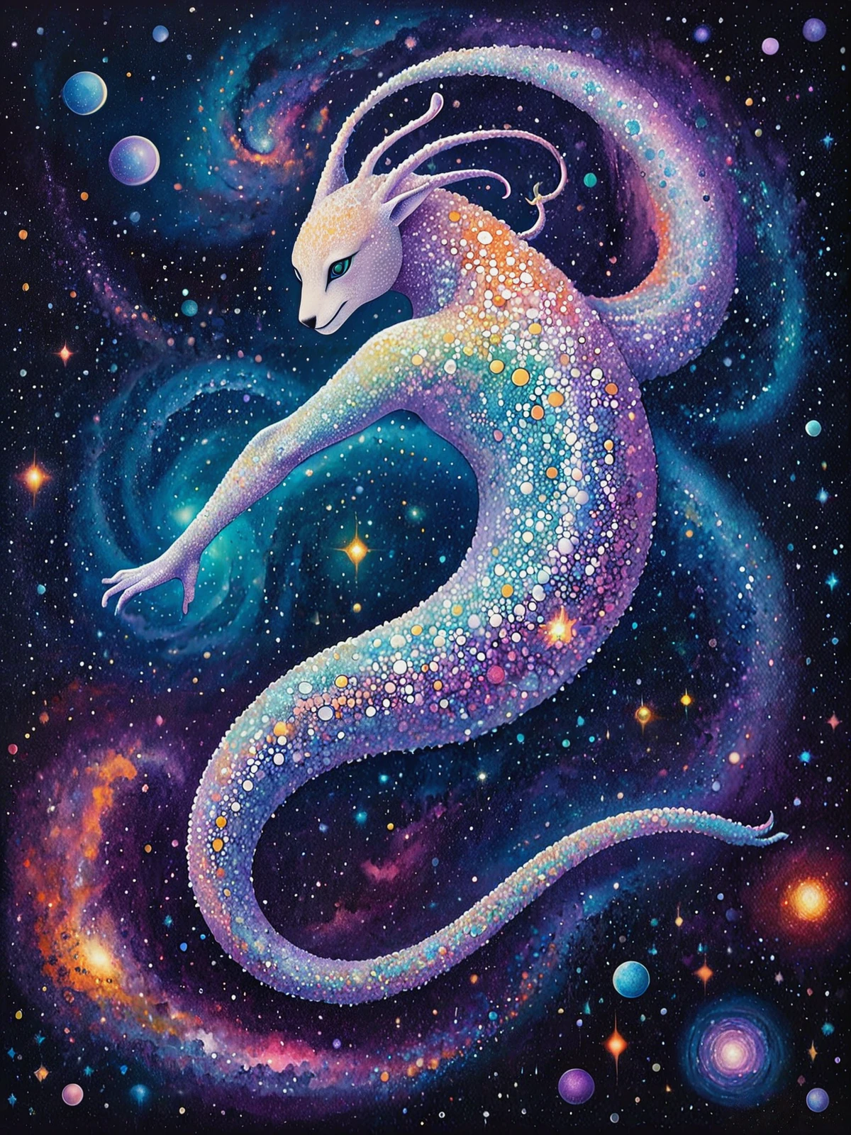 Pointillism. Artistic. Poster art.

A cosmic creature, long and fluid, floating, bending, twisting amongst the galaxies. Surreal. Animal focus.

<lora:Pointillistic01-01_CE_SDXL_96:0.8>
