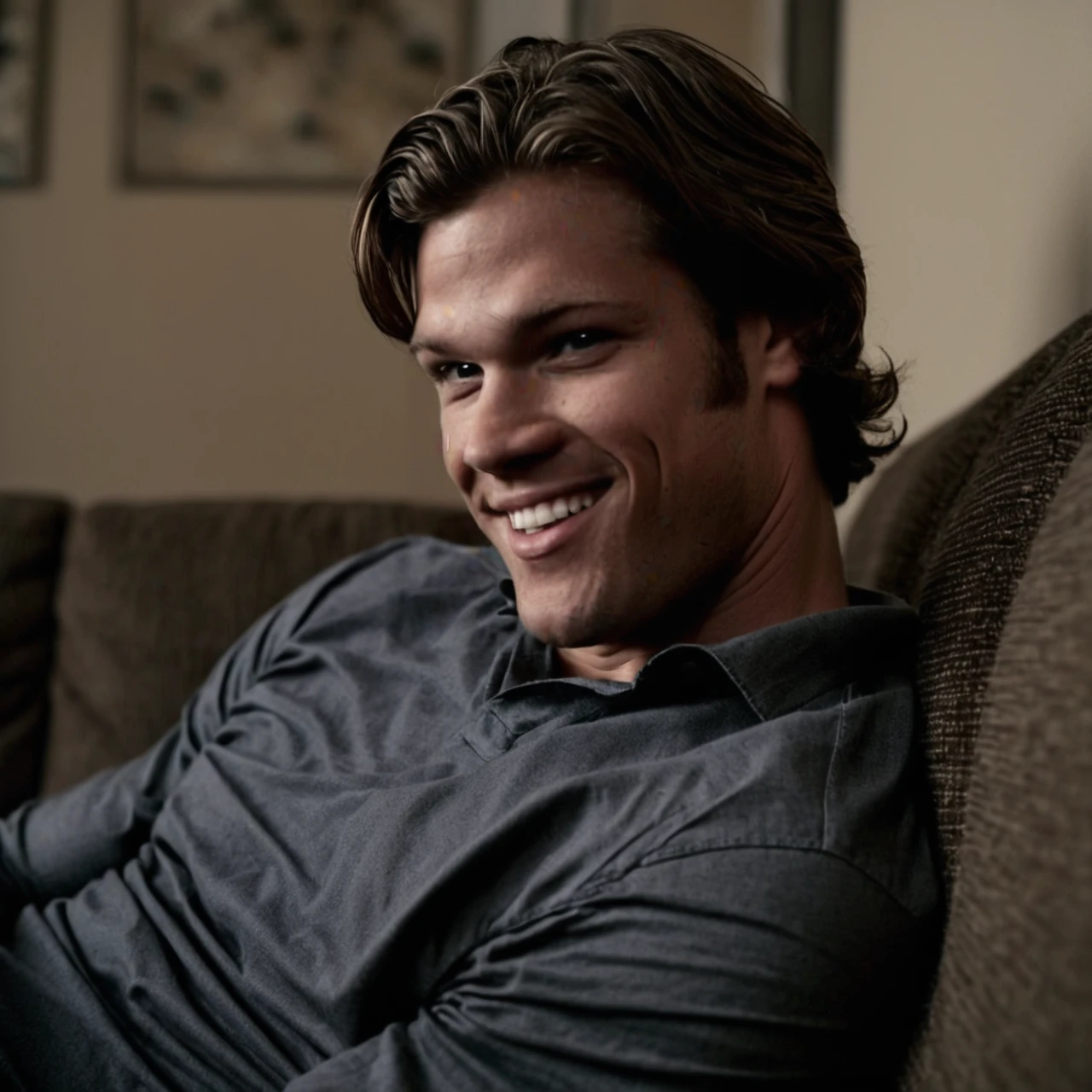 intricate details, ultra sharp, realism, realistic photography, (padalecki, sexy 21 yo caucasian male model, profile, looking at viewer, smile, teeth), from below, very low angle, lifting his shirt, sitting on sofa, background of a living room