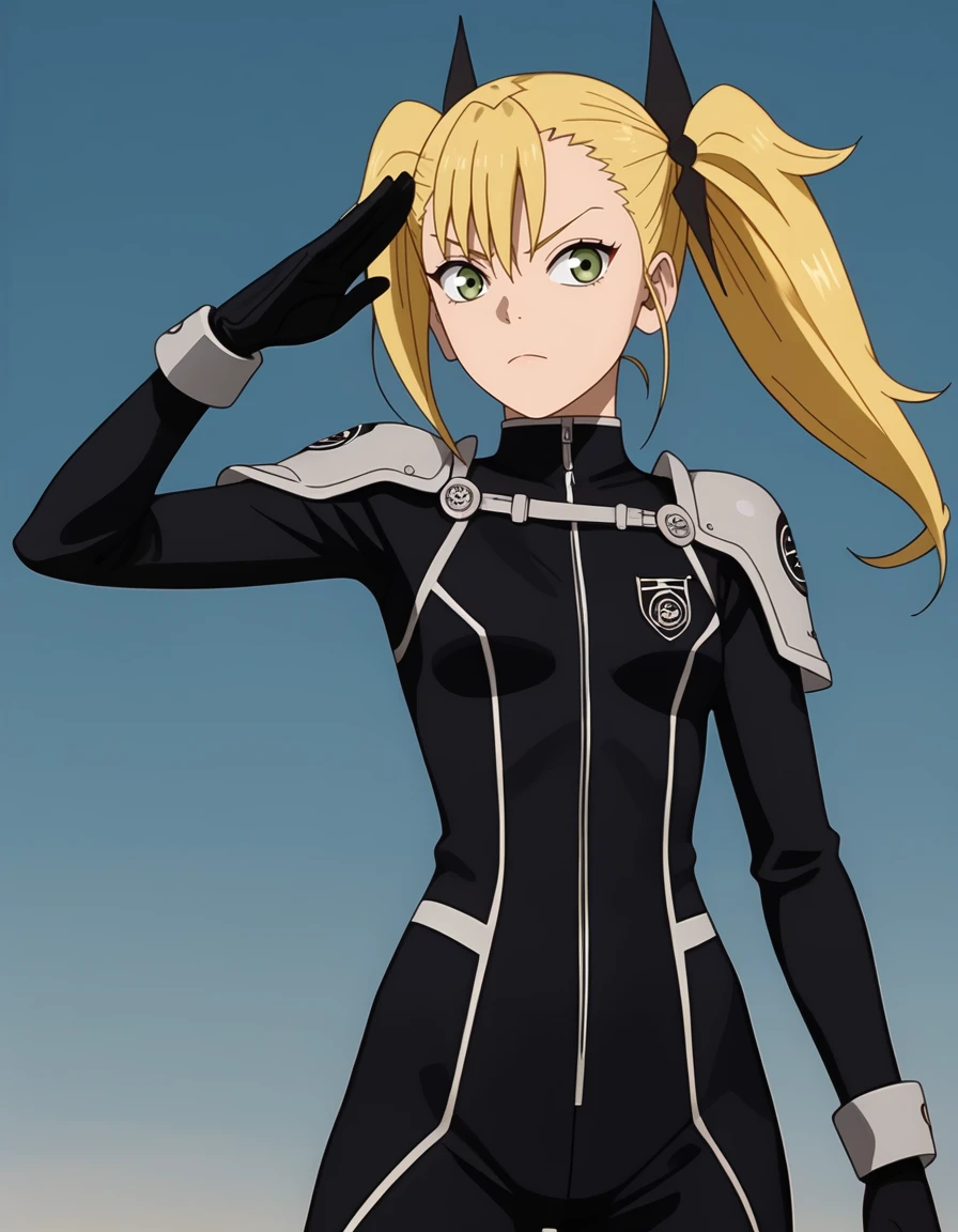 <lora:Kikoru:1>, shinomiya kikoru, solo, kaiju combat suit, black suit, standing, shoulder pads, salute, simple background, 1girl