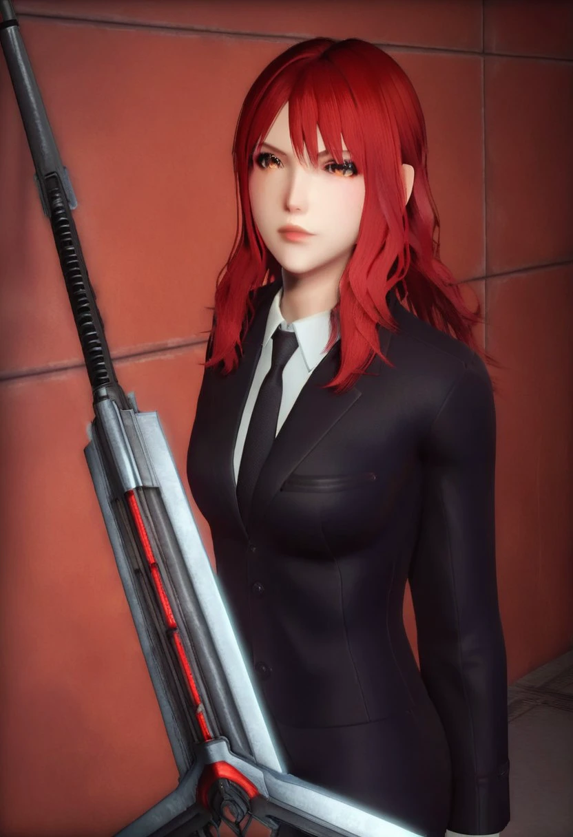 Crisis Core, 1girl, solo, long hair, bangs, shirt, long sleeves, brown eyes, jacket, white shirt, necktie, collared shirt, medium hair, black jacket, formal, suit, black necktie, pants, red hair, 3d, FF14Style