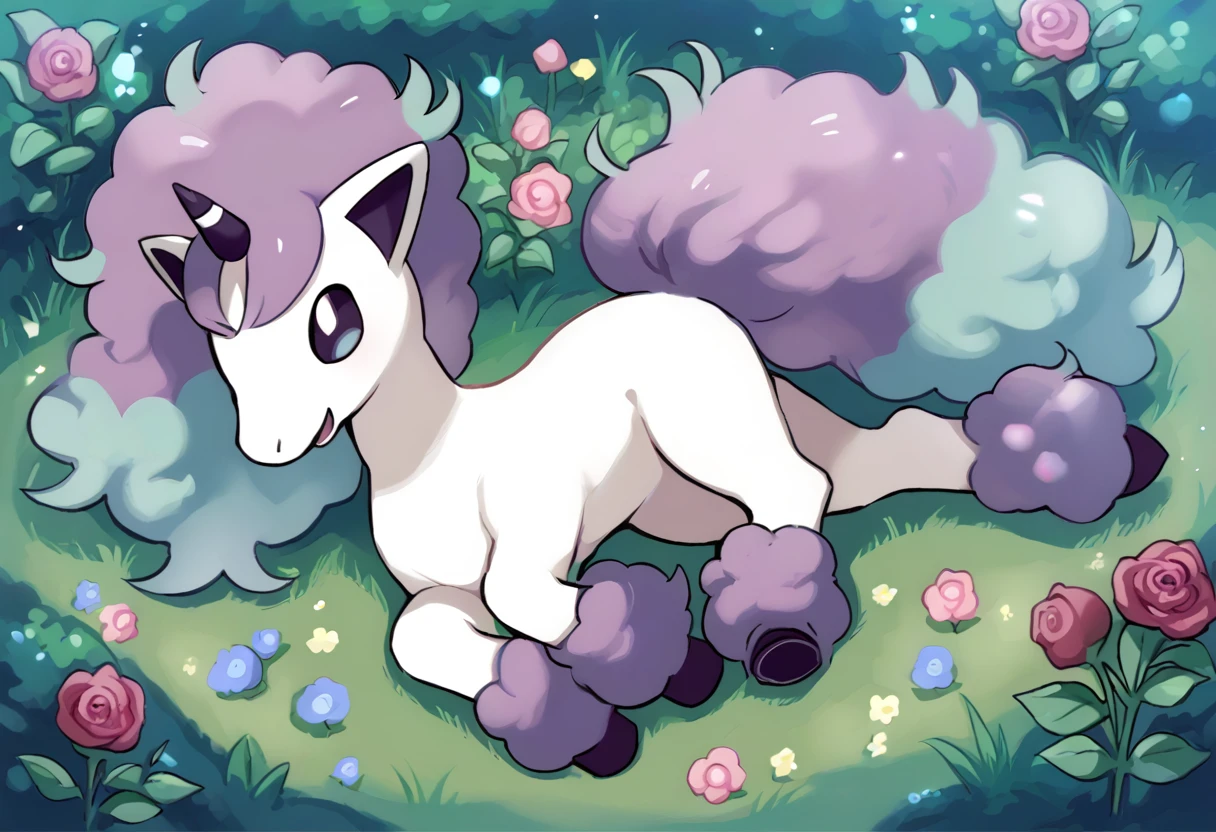 score_9, score_8_up, score_7_up, source_anime  BREAK
garden, flower field, flowers, roses
G_P0NYT4, white fur, white body, quadraped, purple and teal mane, purple and teal tail, purple and teal fetlocks, purple eyes, light blue irises, purple hooves, horn, purple horn, white stripe,  purple inner ears, animal focus, no humans, pokemon (creature)
(lying:1.5), facing viewer, looking at viewer, open mouth, smile, happy
 <lora:Galarian_Ponyta-000011:1>