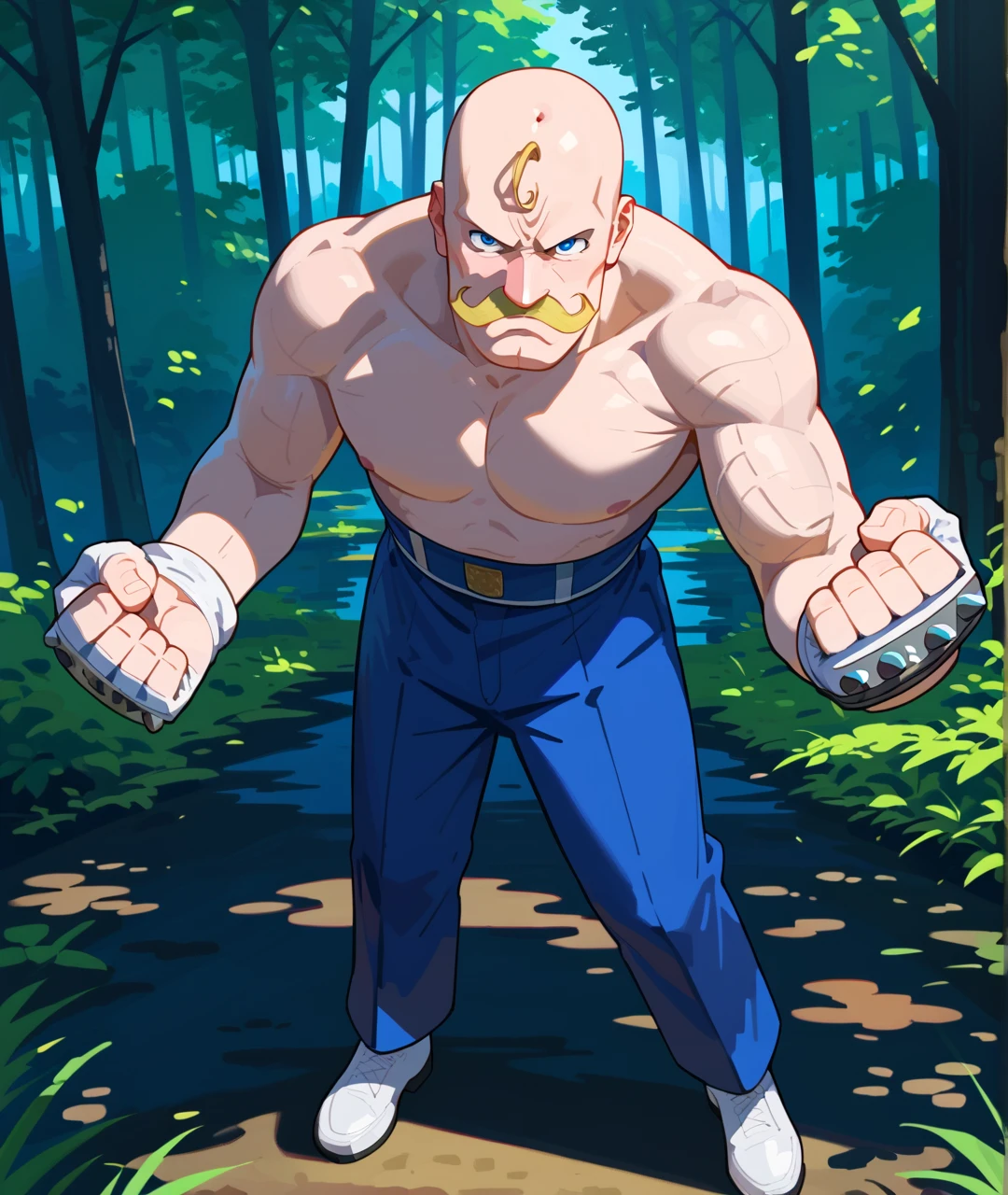 score_9, score_8_up, score_7_up, score_6_up, source_anime, outdoors,forest,
BREAK
alex louis armstrong,  armstrongfma, 1boy, male focus, bald, facial hair, solo, mustache, muscular, blonde hair, blue eyes, looking at viewer, muscular male, veins,gloves, blue pants,  military uniform,flex, fist bump, full body, cowboy shot,
<lora:armstrongfma:0.8>